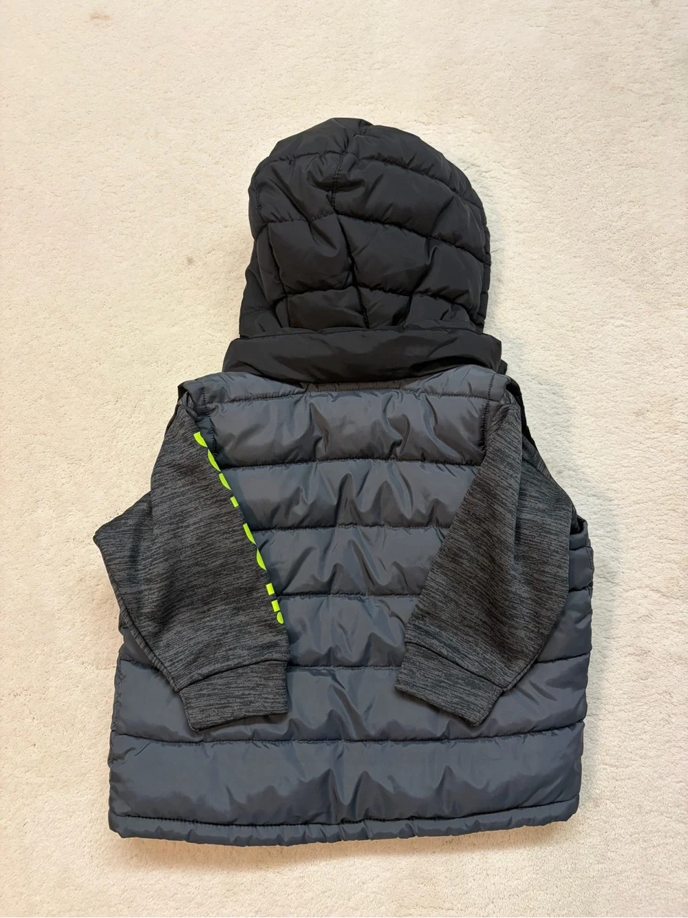 Nike Kids Gray & Black Hooded Puffer Vest Sweatshirt with Neon Yellow Accents